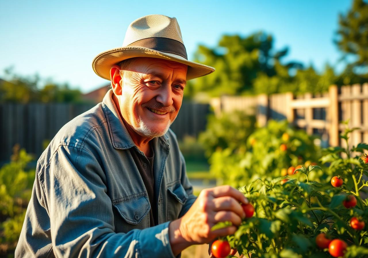 An older man in a sun hat tending tomato plants in his backyard garden, smiling softly.